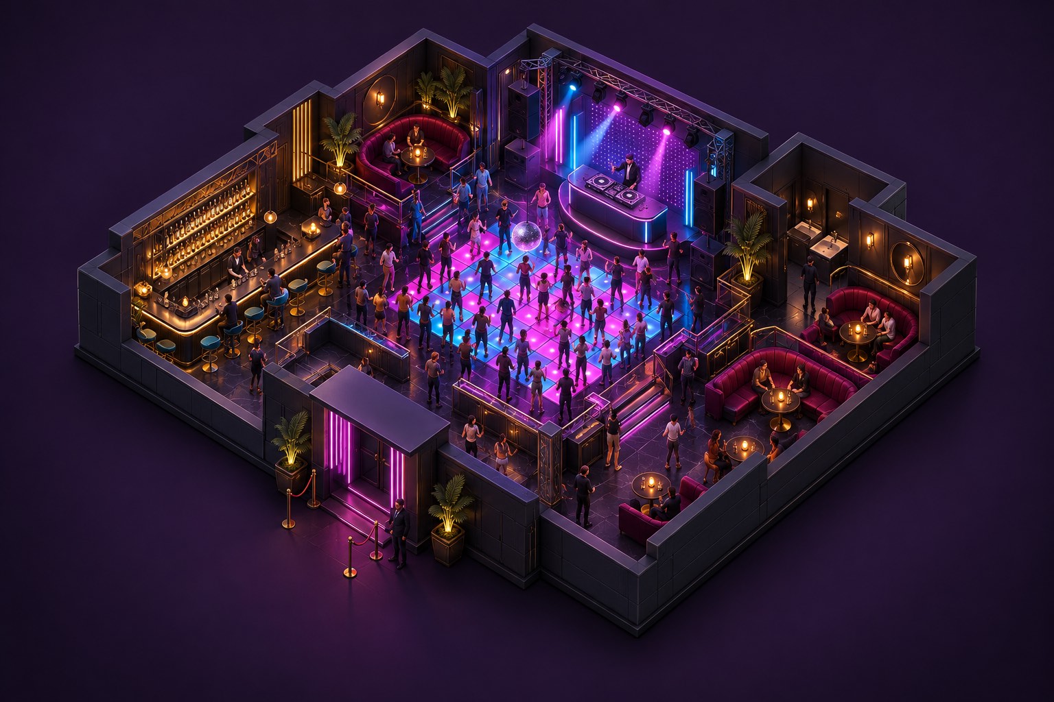 Illustratie van een nachtclub met dansvloer, DJ en bar